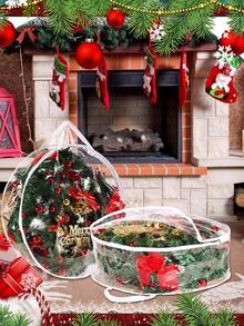 1个透明圣诞花环收纳袋，带提手，圆形重型PVC装饰整理袋，防尘节日装饰收纳容器，适用于人造花环、饰品、松枝。 - 透明 - 查看 6