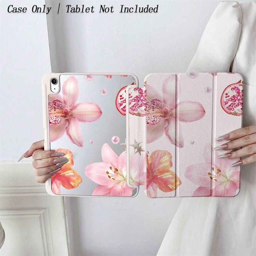 Flower 1PC Pink Floral & Pomegranate Tablet Case - Watercolor Pattern, Foldable Stand & Shockproof Translucent Cover,With Pen Holder Compatible With 10.9/10.2/ Air 5th Gen/Pro11/10th/9.7/Air 2/ (7th Gen)/ (8th Gen)/ Air 4/5/ Pro 11/ 10th Generation 10.9-Inch 2022 Smart Case/ Air 13(M3 2025)/ Air 11(M3 2025) - Multicolor - View 1