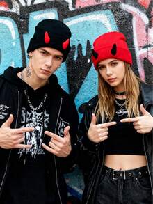 多功能多色犄角帽，可爱小恶魔犄角帽，嘻哈酷炫针织羊毛帽，秋冬季轻薄保暖帽，派对聚会情侣个性化帽子 - 彩色 - 查看 2