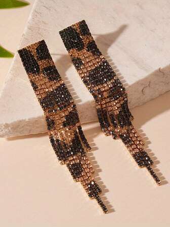 1 Pair Vintage Leopard Print Rhinestone Rectangular Tassel Earrings, Luxurious Elegant Earrings For Women
