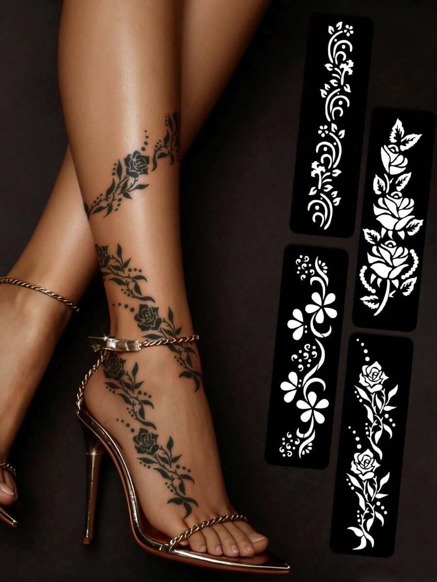 Hana Hand Drawn Tattoo Hollow Template Minimalism Hana Bride Elegant Lace Mandala Flower Pattern Sticker Suitable For Hands, Feet, Shoulders, Neck, Collarbone Semi Permanent Fake Tattoo Sticker 1 Pack - Black - View 1