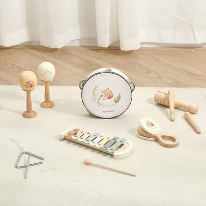 带有可爱松鼠图案的木制乐器玩具，可刺激感官和促进协调发展，是音乐教育、圣诞节和生日礼物的理想选择