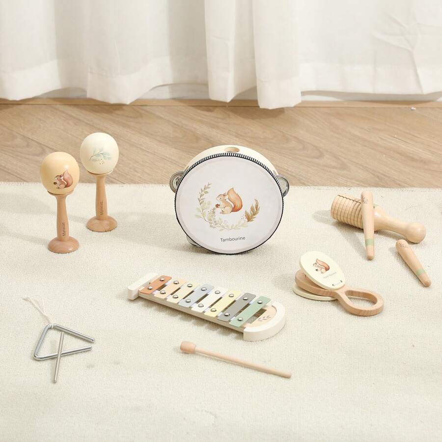 带有可爱松鼠图案的木制乐器玩具，可刺激感官和促进协调发展，是音乐教育、圣诞节和生日礼物的理想选择