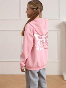 1 pieza Sudadera con capucha forrada térmicamente para niña preadolescente, ropa juvenil gruesa y cálida, adecuada para niños en otoño/invierno, manga larga, estilo Y2K/urbano/vacaciones/moda/universitario - Rosa - Ver 2