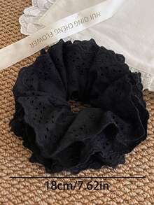 1pc Women's Extra Large 18cm/7.09in Pure Silk Solid Color 4-Layer Lace Pleated Hair Scrunchie, Hair Accessories - Black - View 2