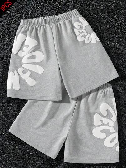 1pc Boys' Casual Outdoor Fashion Versatile Foamed Letter Print Design Loose Breathable Sports Shorts, Spring/Summer