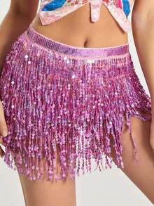 Sequin Fringe Skirt Women Sexy Belly Skirts Adjustable Waist Straps Hip Scarf Wrap Skirt Carnival Rave Dance Performance Costume Halloween - Multicolor - View 14