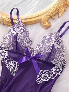 Nuevo Conjunto De Ropa Interior Sexy Para Mujer Con Transparencia Y Colores Contrastantes, Incluye Camisón Sensual De Medianoche, Escote Halter, Cintas Y Tanga, Ideal Para Ocasiones Románticas. - Màu tím - Xem 3