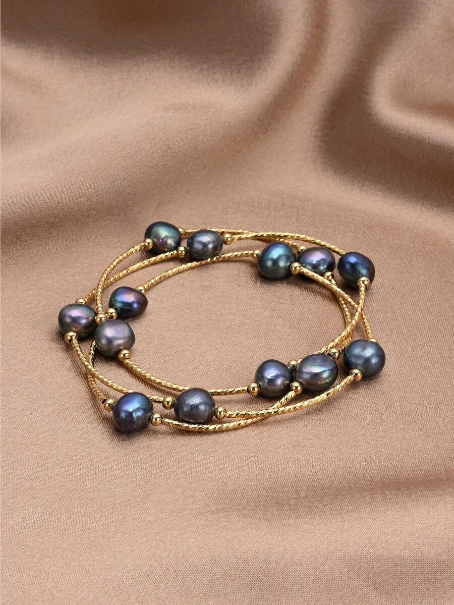 1pc 18K Gold Plated Natural Pearl Elastic Cord Multi-Wrap Bracelet, Gift For Mother's Day, Valentine's Day, Birthday, Wedding, Engagement, Bride