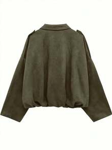大码女式蝙蝠袖外套，拉链，银色纽扣，荷叶边下摆，柔软面料，宽松休闲轻薄外套，街头风，适合春秋季穿着 - 軍綠色 - 查看 4