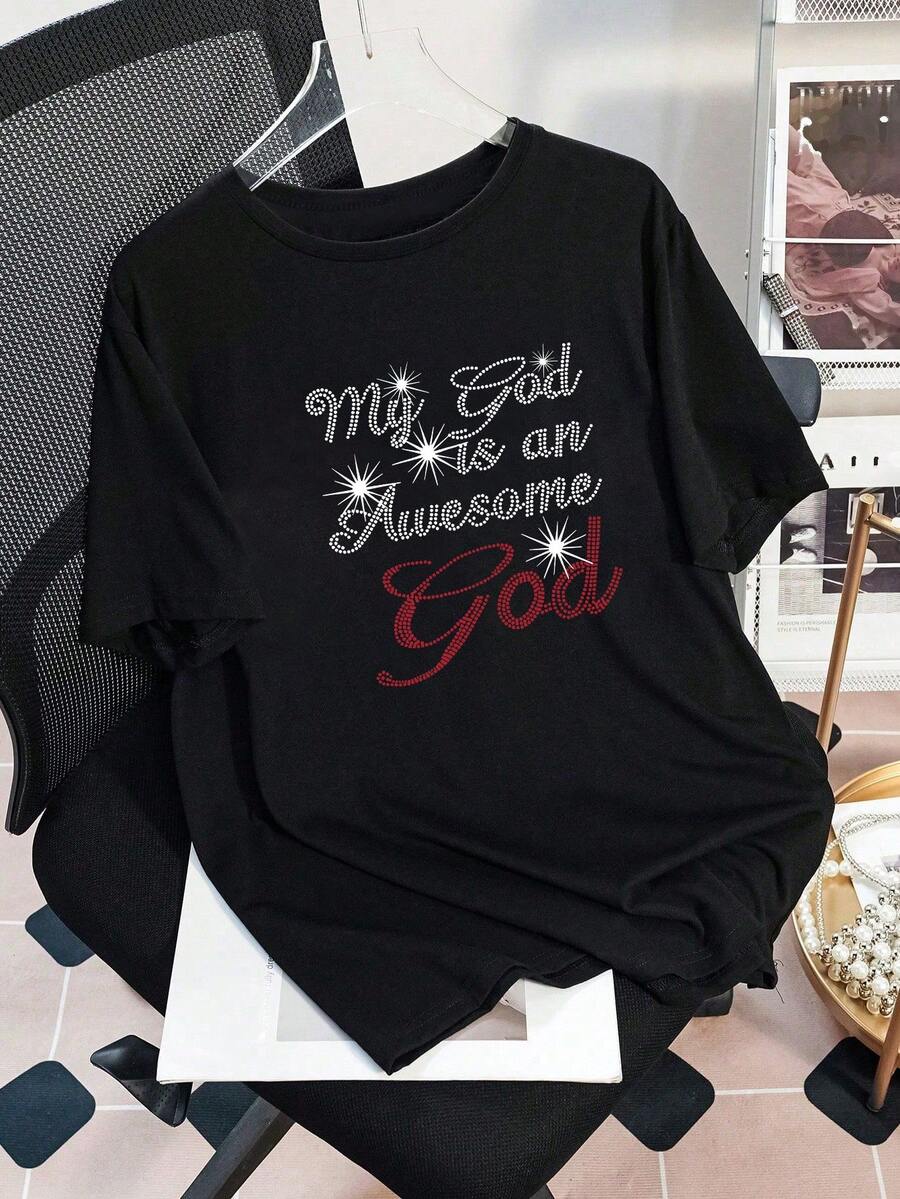 Camiseta casual y cómoda con gráfico "Mi Dios es un gran Dios" para mujer de talla grande, para el Día de San Valentín, blusas, ropa de verano, mujer de talla grande, atuendo del Día de San Valentín, verano, atuendos de verano, ropa de verano, atuendos de vacaciones de verano, primavera, Día de San Valentín, blusa negra - Negro - Ver 1