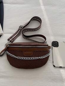 Y2K复古链条装饰千禧风格千鸟格豹纹复古肩带腰包 - 棕色 - 查看 7