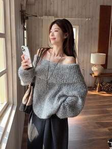 2025年秋冬季女士宽松露肩粗针织毛衣 - 灰色 - 查看 7