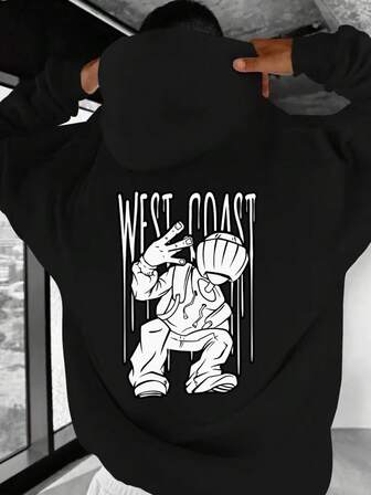 1 pieza Sudadera con capucha forrada térmica de talla grande unisex, color negro, con estampado de marca, adecuada para uso casual, al aire para ir al trabajo, otoño/invierno