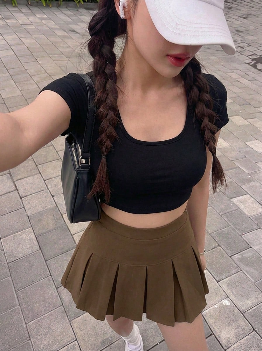 Rikumo Solid Color Casual Versatile Women Pleated Mini Skirt Winter