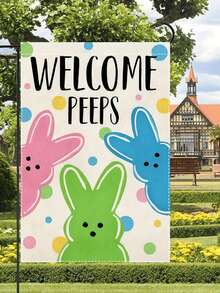 1 件装复活节兔子欢迎花园横幅 - 双面涤纶装饰横幅，春季三只兔子设计，季节性户外和花园用品，草坪和庭院装饰，不褪色，可机洗，用于复活节装饰。