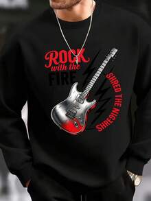 Men'S Stylish Crew Neck Sweatshirt| 2D Print Electric Guitar And Unique Letter Pattern, Fashionable And Versatile, Perfect For Christmas 2026 New Year's, Long Sleeve, Regular Fit, Heat Transfer Printing - 黑色 - 查看 1