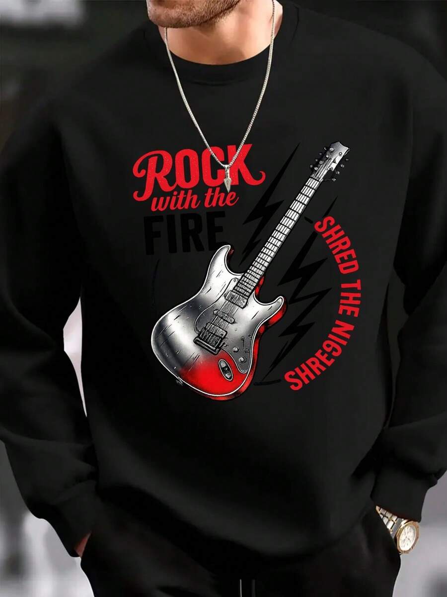 Men'S Stylish Crew Neck Sweatshirt| 2D Print Electric Guitar And Unique Letter Pattern, Fashionable And Versatile, Perfect For Christmas 2026 New Year's, Long Sleeve, Regular Fit, Heat Transfer Printing - 黑色 - 查看 1