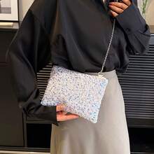 Bolso de hombro con rectángulo de lentejuelas brillantes, cierre de cremallera, correa ajustable, bolso de embrague pequeño personalizado y versátil - Multicolor - Ver 9