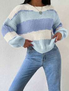 1 chiếc áo len chui đầu dày thường ngày cho bé gái vào mùa thu/đông, mềm mại và thoải mái, sọc xanh, trang phục học sinh trẻ trung - trắng - Xem 7