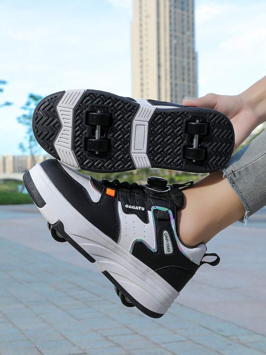 4-Wheel Roller Skate Shoes For Boys And Girls, New Kids Roller Sneakers, PU Leather Lightweight Durable Roller Shoes For All Seasons, Fashion Rotating Buckle Adjustable Double Wheel Invisible Roller Skate Shoes, Removable Wheels, 2-In-1 Roller Skates & Ice Skates, Roller Shoes For Teenagers