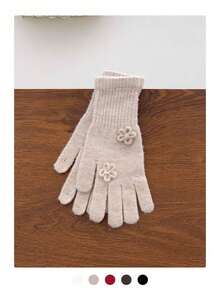 Rose-Embellished Knit Gloves (Hand Detailed), Soft Rabbit Fur Gloves, Warm And Versatile For Autumn/Winter, Knitted Touchscreen Floral Long Gloves For Women, Windproof And Warm Fingerless Gloves