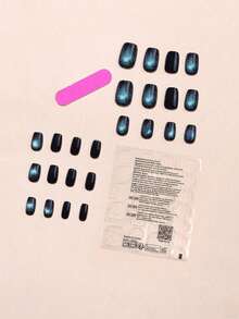 24pcs Short Square Halloween Nails, Full Coverage Press-On Nails For Sweet Starry Girl, 10pcs Black Nails With 14pcs Handmade 9D Chameleon Galaxy Nail Stickers, 1pc Nail File And 1pc Jelly Gel Included - Multicolor - View 3