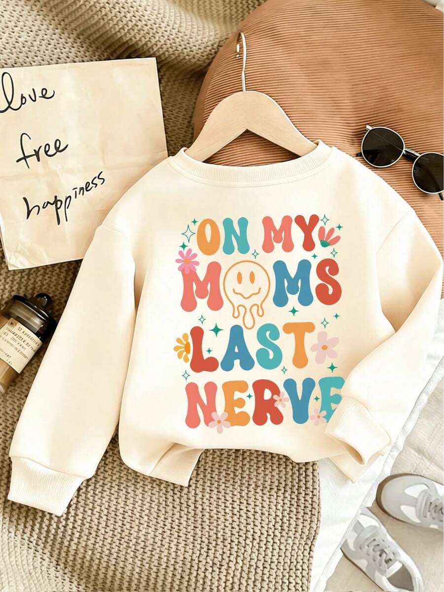 青少年女孩可爱标语印花圆领运动衫，适合休闲舒适的秋冬时尚可爱服装 - 杏色 - 查看 1