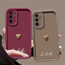 客製化 TPU 全包覆手機殼，可客製姓名與 3D 金色愛心設計，防震軟殼，適用 S25 S24 S23 S22 S21 S20 Ultra Plus A56 A55 A54 A53 A52 A35 A34，週年禮物 - 酒紅色 - 查看 5