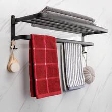23.6 Inch Black Towel Rack, Suitable For Bathroom Towel Rack, With Double Bars, Wall Mounted Holder For Washroom, With Hooks, Stainless Steel Hotel Bathroom Rack (15/19/23.6 Inch) - Black - View 10