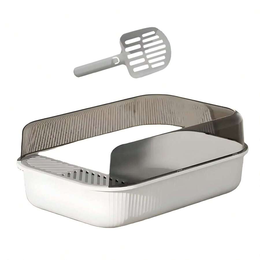 Semi-Open Cat Litter Box With Cleaning Scoop And Sanitary Filter - Grey - View 1