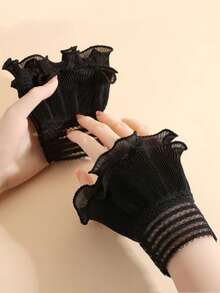 1 Pair Chiffon Ruffled Cuff Sleeves, Cute Lace Floral Arm Warmers, Layered Lace Bell Sleeve Cuffs Decorative Collar Gloves, Autumn/Winter - White - View 4