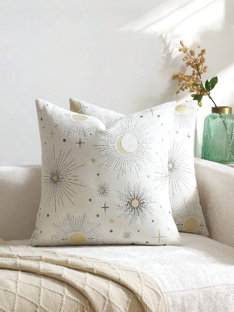 1pc Cream White (No Insert) Star & Moon Pattern Cushion Cover, Modern Comfortable Chenille + Golden Thread Jacquard, Ramadan Holiday Decor Pillow Cover, Suitable For Daily Home Decor, Sofa, Bed, Bedroom, Ramadan Holiday Decor, All Season - Creamy White - View 1