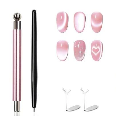 4件套猫眼磁铁套装 - 黑色珠子磁性凝胶指甲油笔和心形磁铁，适用于美甲、猫眼美甲，非常适合居家DIY和美甲设计