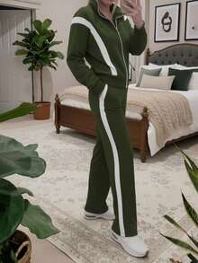 Casual Women's Fashion Commuter Suit, Comfortable Loose Splice Contrast Color Long Sleeve Jacket Top + Striped Contrast Color Straight Leg Pants 2 Pieces Set Spring Elegant - Green 29 - View 2