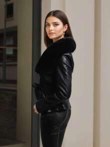 Faux Leather Jacket For Women – Warm Fur Collar, Waist Belt Detail For A Sleek Look. Elegance And Warmth. Versatile And Chic - Black+Black - View 5