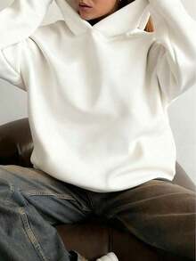 Minimalist Design Women Loose Fit Long Sleeve Pullover Hoodie, Suitable Autumn, Winter, Spring, Halloween Costume, Casual Outerwear, Black, Fashion, Women Sweatshirt - 白色 - 查看 3