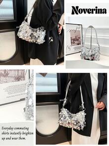 1pc Gold-Tone Glittery Crescent Moon Shape PVC Shoulder Bag For Women,[US-Based Shipping] New Fashion Sequin Handbag & Shoulder Bag, Suitable For Party, Outing, Vacation, Shopping And Daily Use, Can Store Coins, Phones, Also Can Be Used As Work Bag For Office Ladies, College Students And Commuters, Elegant Design For Women,Women's Fall Clothing Winter Clothing Christmas Gift Fall Autumn Velvet Furry Party Fuzzy Plush Thanksgiving Festival Cyber Monday Holiday Knitted Winter Valentine's Day Gift Christmas Women's Crossbody New Year Snow Warm Thermal End-Of-Year ,Tote Bags For Women,Purse,Christmas Gifts,Purses And Bags Women - 銀色 - 查看 7