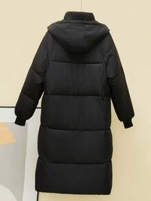 Women's Casual Solid Color Hooded Jacket With Pockets, Thick For Autumn/Winter - Black - View 12