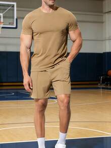Men's Short Sleeve Sports Set Quick Dry Gym Workout 2 Piece T - Shirt & Shorts Stretchy Tracksuit,Men's 2 Piece Athletic Set Short Sleeve Moisture - Wicking Gym Shorts Breathable Running Tracksuit,Men's Casual Streetwear 2 Piece Set Short Sleeve T - Shirt & Shorts Stretchy Athletic Tracksuit - 卡其色 - 查看 7