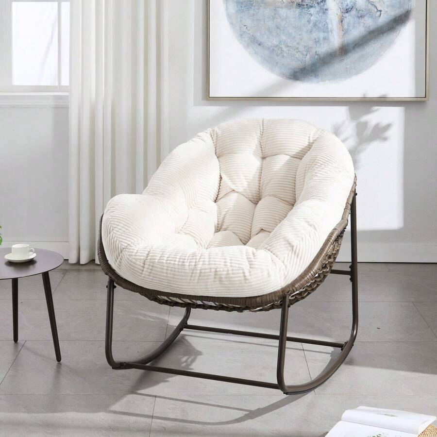 Silla mecedora de ratán para exteriores, silla reclinable con cojín acolchado para exteriores, para porche delantero, sala de estar, patio, jardín.
Blanco 6OUN - Blanco + Acero + Algodón - Ver 1