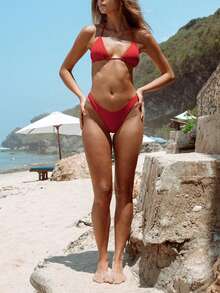 Women's Cheeky Bikini Set Halter Triangle  High Cut Triangle String Swimsuit 2 Piece Bathing Suit - Red - View 4
