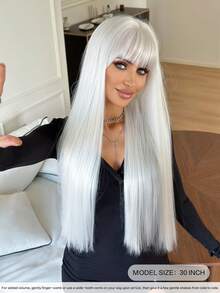 Gorgeous-30 Inch White Wigs For Women, Long Straight Wigs With Bangs, High Quality Soft Synthetic Fiber Wigs For Women Daily Wear, Festival Ready Party Use, Perfect Gift - Beginners Glueless Wig Accessories - 白色 - 查看 3