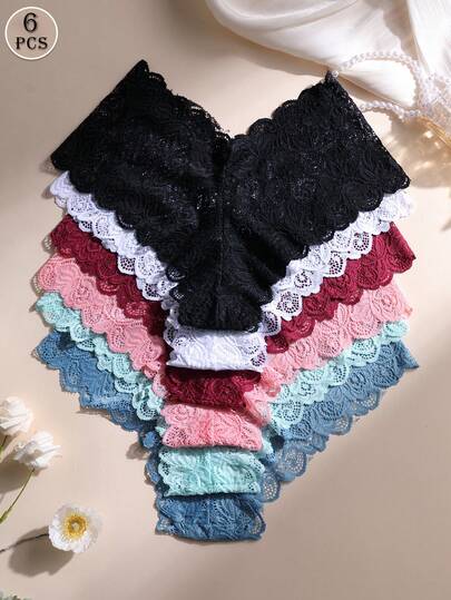 6pcs Women's Sexy Lace Patchwork Mid-Waist Seamless Triangle Panties, Soft And Comfortable, Suitable For Yoga, Sports And Daily Wear