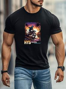 Camiseta negra de cuello redondo de manga corta casual de% algodón para hombres. Camiseta estampada con patrón de  de moda urbana americana. Ropa de fitness deportiva para hombres al aire libre de verano - Negro - Ver 1