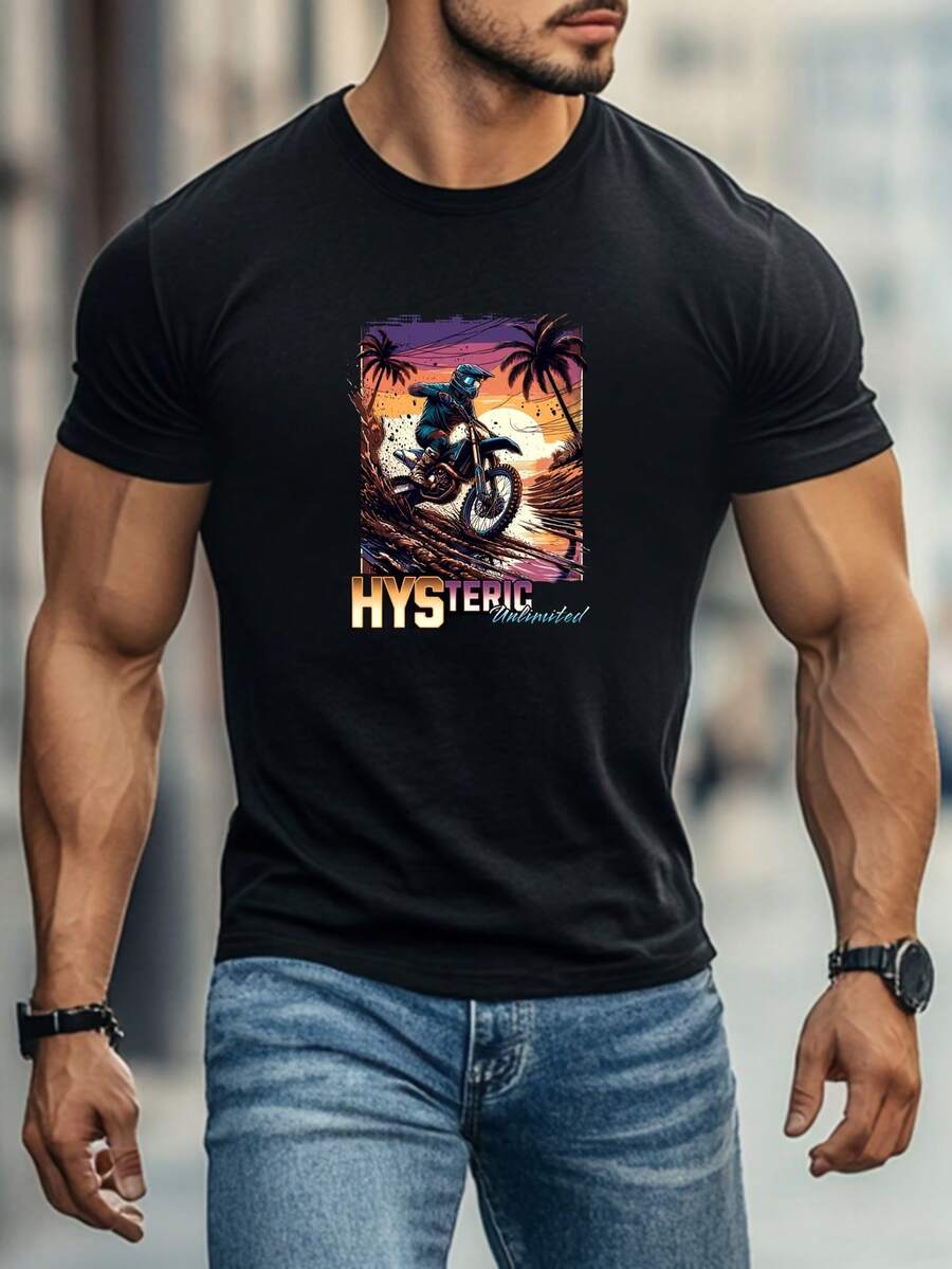 Camiseta negra de cuello redondo de manga corta casual de% algodón para hombres. Camiseta estampada con patrón de de moda urbana americana. Ropa de fitness deportiva para hombres al aire libre de verano - Negro - Ver 1