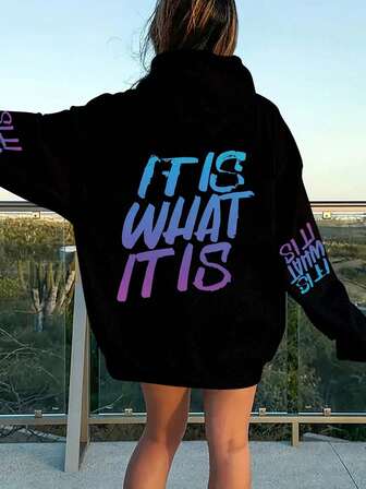 Women's Daily IT IS WHAT IT IS Slogan, Hand-Painted Graffiti Font, Repeated Slogan On Sleeves Round Neck Long Sleeve Casual Spring/Fall/Winter Women's Sweatshirt/Women's Hoodie Valentine's Day/Back-To-School Winter Outfits For Women Black Long Sleeve Top,Cute Tops,Crop Top,Tops For Women
