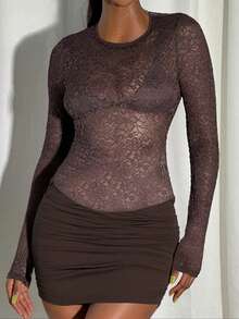 Autumn Solid Color Sexy Lace Patchwork Long Sleeve Bodycon Dress, Women's Elegant Dress For Party And Date - Brown - View 8