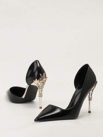 Elegant Women's High Heel Shoes, Fashionable Metal Flower Decor Pointed Toe Hollow Out Stilettos, Sexy Luxury Bridal Wedding Pumps