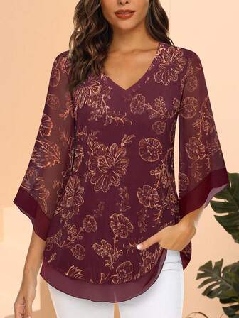 CheersLife Women V-Neck 3/4 Sleeve Top And Floral Mesh Belted Shirt Dress